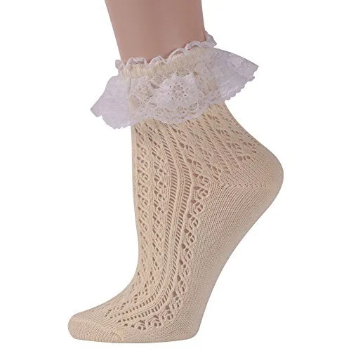 Short Bobby Dress Socks Women, Funcat Girls Ladies Vintage Ruffle Cuff Ankle Boots Socks with Lace Trim 5 Pairs