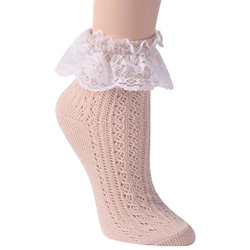 Short Bobby Dress Socks Women, Funcat Girls Ladies Vintage Ruffle Cuff Ankle Boots Socks with Lace Trim 5 Pairs