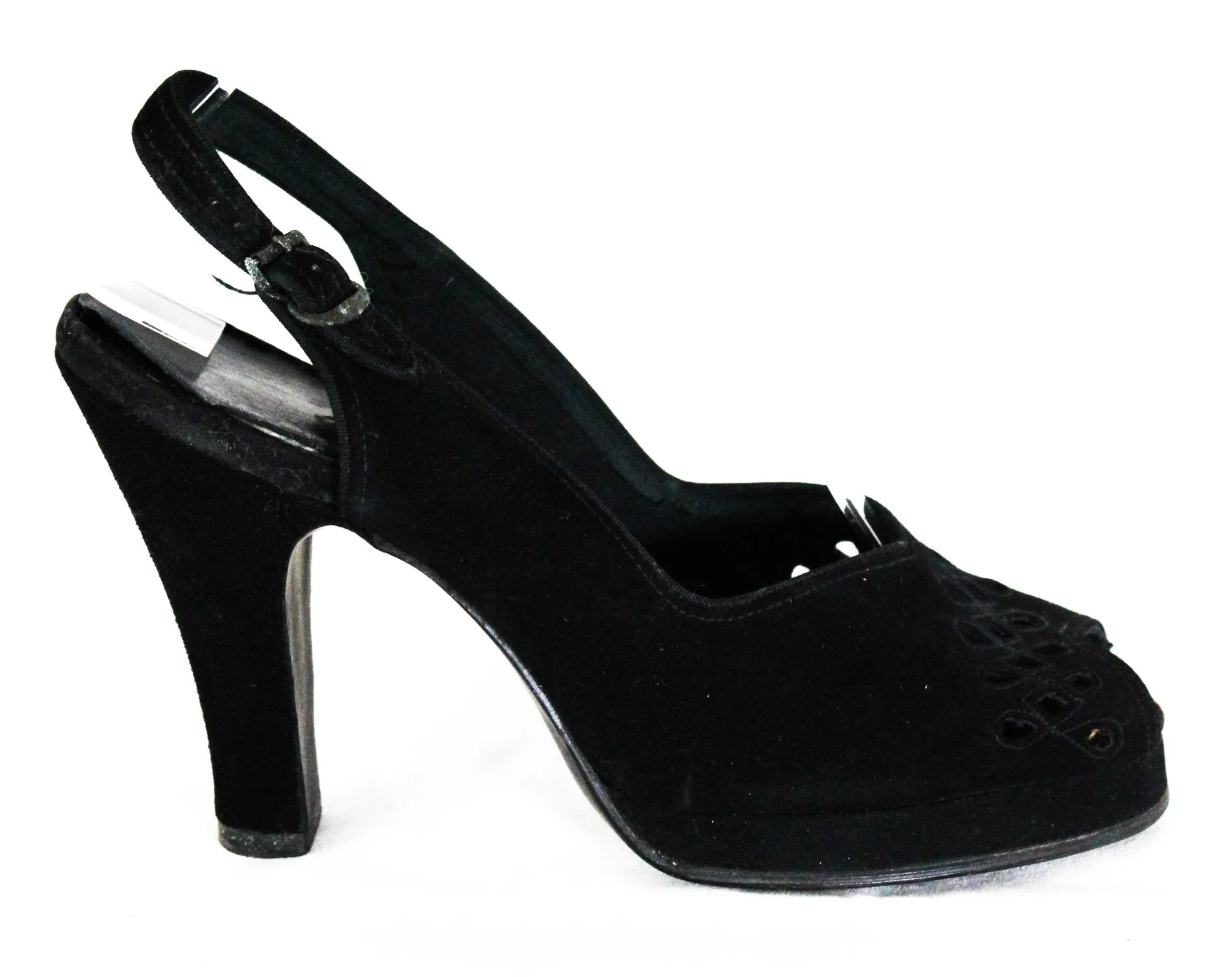 Size 6 1940s Peep Toe Shoes - Open Toe Black Suede Heels with Ribbon Candy Eyelet Cutwork - Pretty 40's Pin Up Pumps - 40s NOS Deadstock