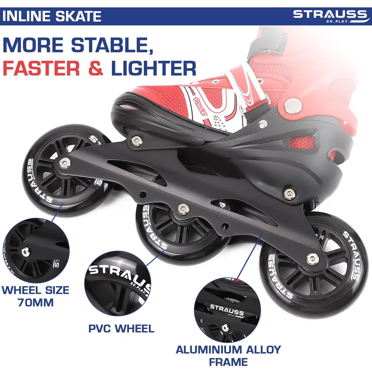 STRAUSS Blaze Adjustable Size Inline Skates | Skating Shoes for Boys & Girls | 3 Wheels |Beginner-Friendly Skating Shoe | Adjustable Roller Blades | Enhanced Stability and Support| Size M,(Red)