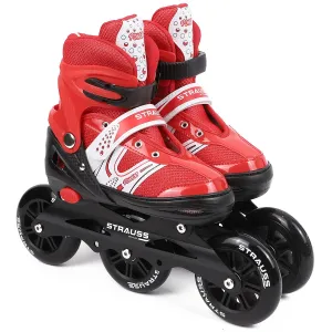 STRAUSS Blaze Adjustable Size Inline Skates | Skating Shoes for Boys & Girls | 3 Wheels |Beginner-Friendly Skating Shoe | Adjustable Roller Blades | Enhanced Stability and Support| Size M,(Red)