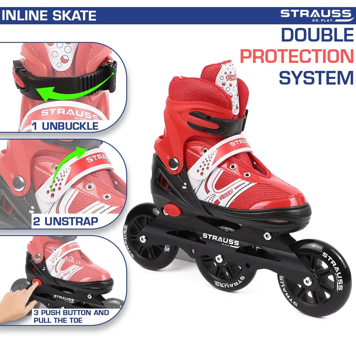 STRAUSS Blaze Adjustable Size Inline Skates | Skating Shoes for Boys & Girls | 3 Wheels |Beginner-Friendly Skating Shoe | Adjustable Roller Blades | Enhanced Stability and Support| Size M,(Red)