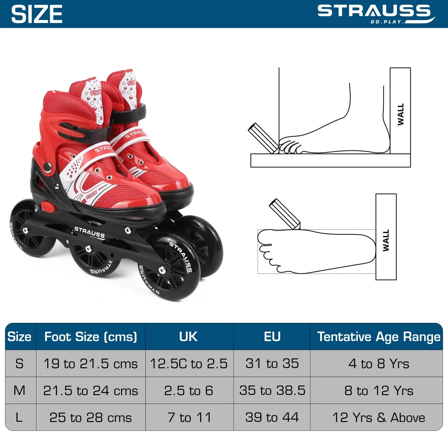 STRAUSS Blaze Adjustable Size Inline Skates | Skating Shoes for Boys & Girls | 3 Wheels |Beginner-Friendly Skating Shoe | Adjustable Roller Blades | Enhanced Stability and Support| Size M,(Red)