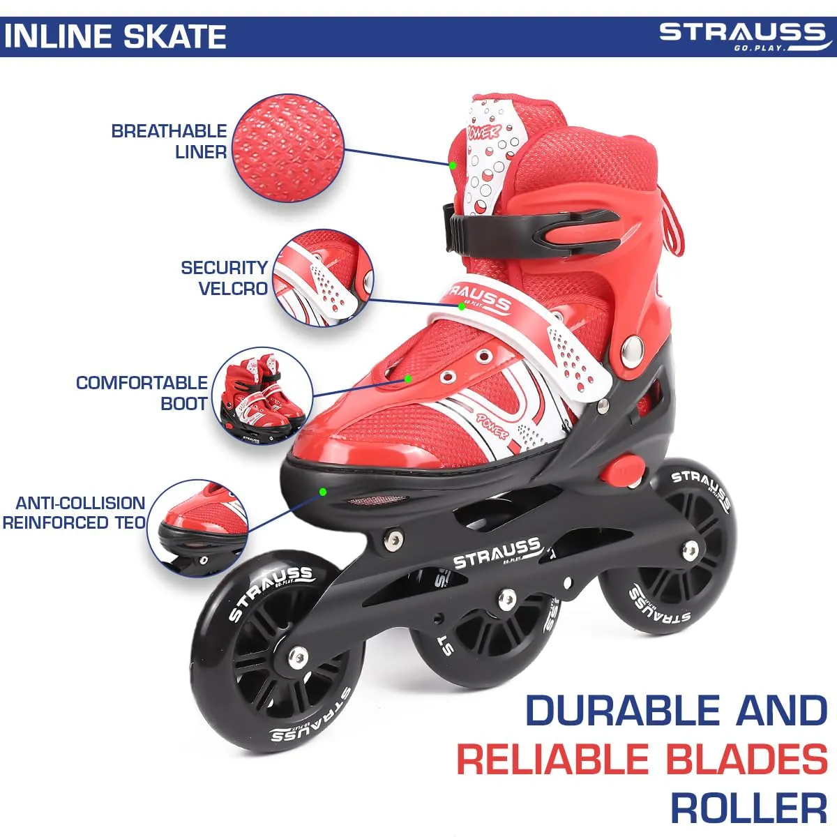 STRAUSS Blaze Adjustable Size Inline Skates | Skating Shoes for Boys & Girls | 3 Wheels |Beginner-Friendly Skating Shoe | Adjustable Roller Blades | Enhanced Stability and Support| Size M,(Red)