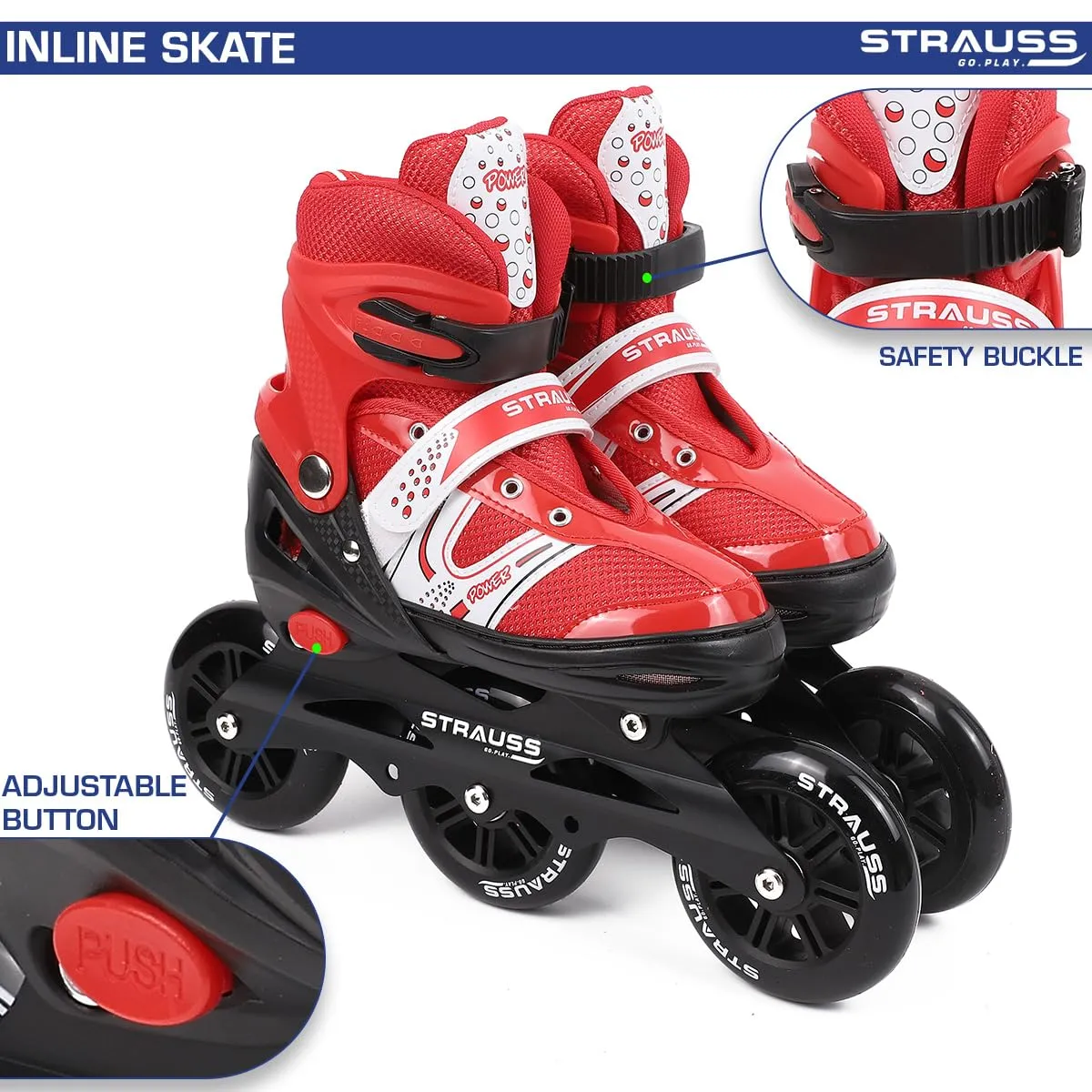 STRAUSS Blaze Adjustable Size Inline Skates | Skating Shoes for Boys & Girls | 3 Wheels |Beginner-Friendly Skating Shoe | Adjustable Roller Blades | Enhanced Stability and Support| Size M,(Red)