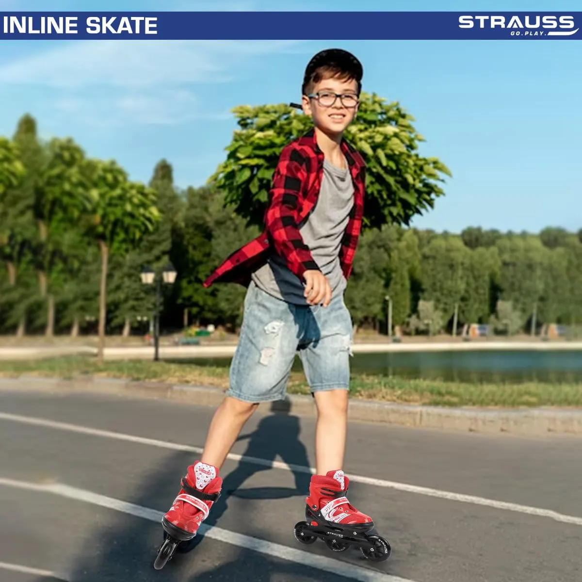 STRAUSS Blaze Adjustable Size Inline Skates | Skating Shoes for Boys & Girls | 3 Wheels |Beginner-Friendly Skating Shoe | Adjustable Roller Blades | Enhanced Stability and Support| Size M,(Red)