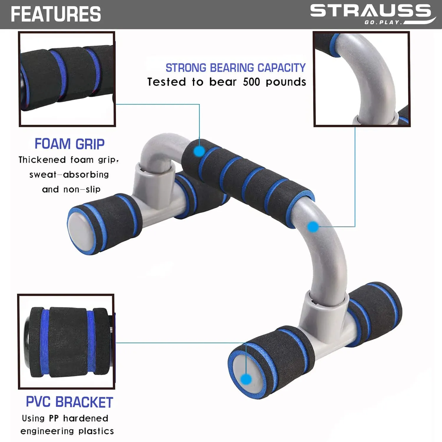 Strauss Moto Push up Bar, Pair (Black/Blue)