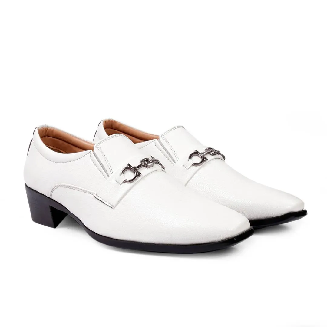 Stylish White Faux Leather Height Increasing Formal Slip-On Shoes on Cuban Sole