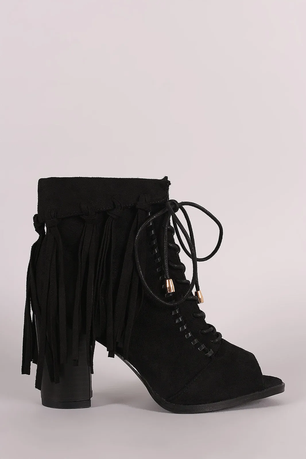 Suede Tassel Fringe Cuff Lace Up Chunky Heeled Booties