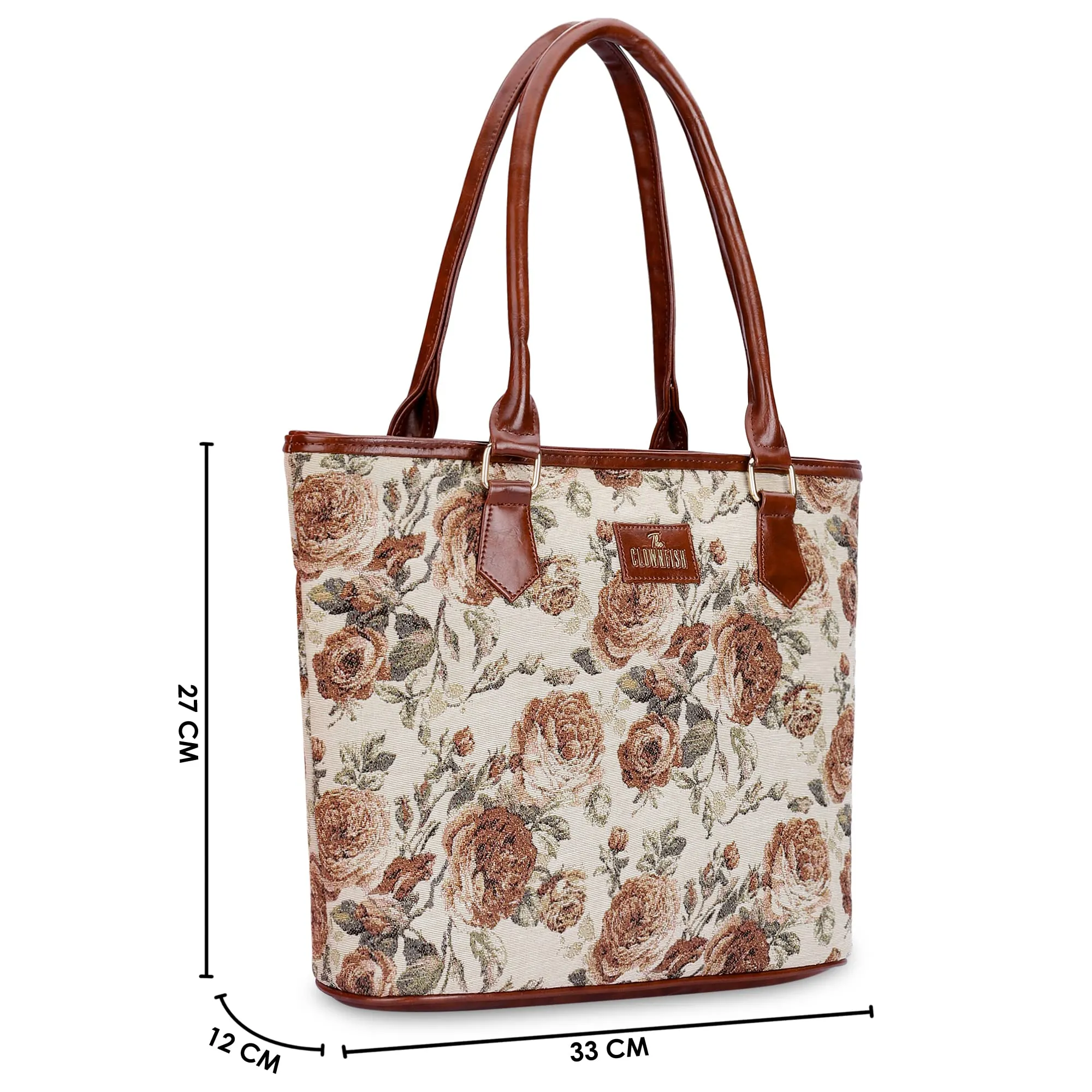 THE CLOWNFISH Justina Tapestry Fabric & Faux Leather Handbag for Women Office Bag Ladies Shoulder Bag Tote For Women College Girls (Brown-Floral)