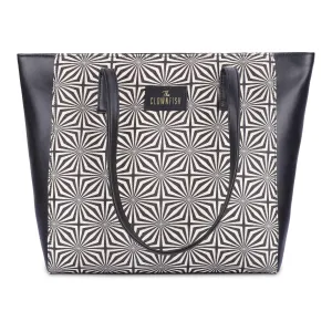 THE CLOWNFISH Ophelia Printed Handicraft Fabric & Faux Leather Handbag for Women Office Bag Ladies Shoulder Bag Tote for Women College Girls (Black-Geometric Design)