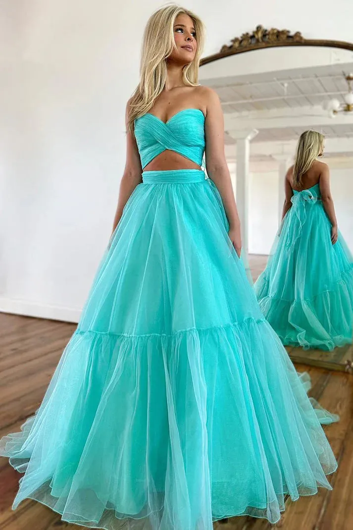 Unique Off Shoulder A-line Mint Green Tulle Prom Long Formal Dress  PSK452