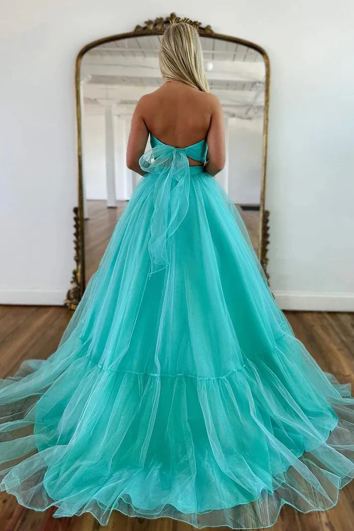 Unique Off Shoulder A-line Mint Green Tulle Prom Long Formal Dress  PSK452