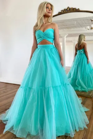 Unique Off Shoulder A-line Mint Green Tulle Prom Long Formal Dress  PSK452