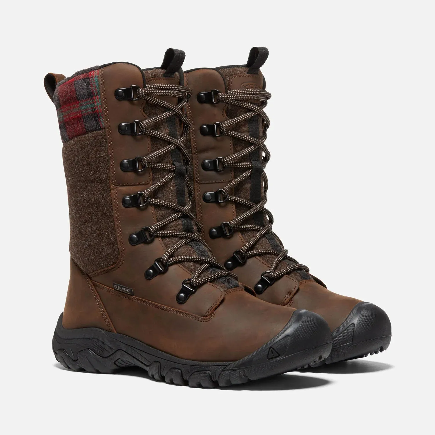 Women's Keen Greta Tall Waterproof Boot Color: Brown/ Red Plaid