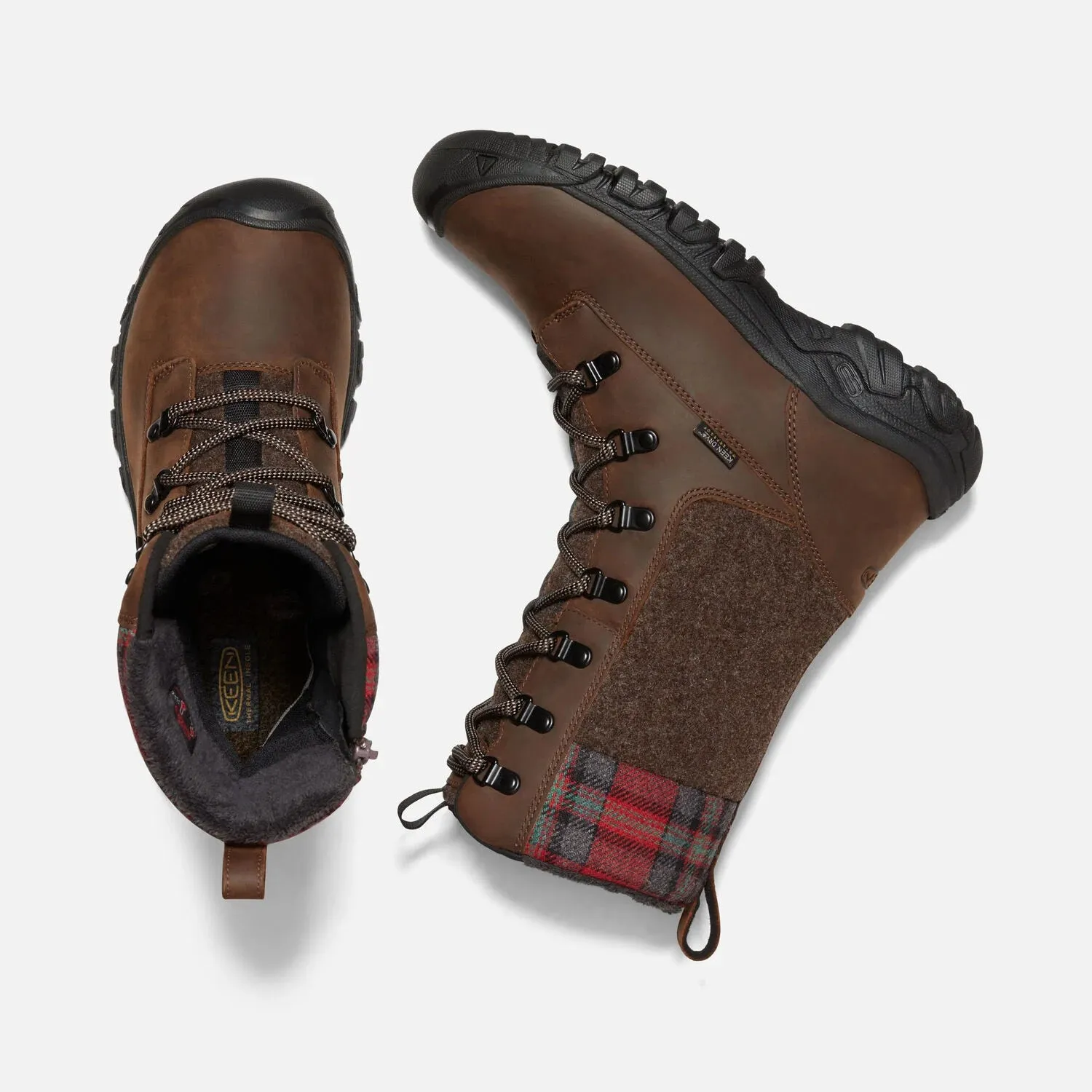 Women's Keen Greta Tall Waterproof Boot Color: Brown/ Red Plaid