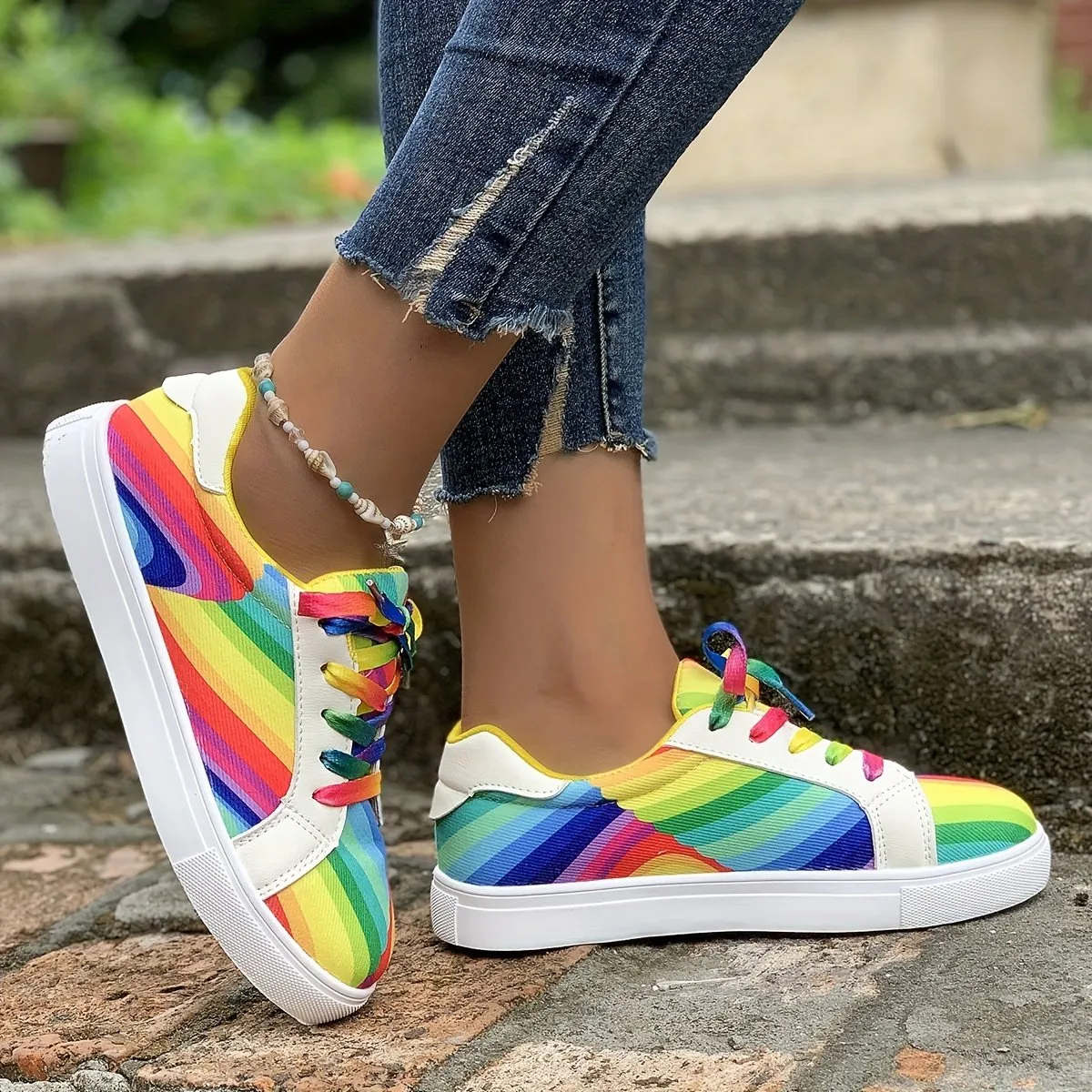 Women's Rainbow Printed Low Top Lace Up Sneakers