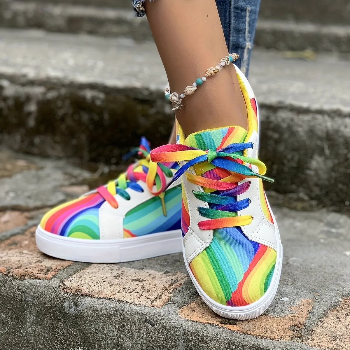 Women's Rainbow Printed Low Top Lace Up Sneakers