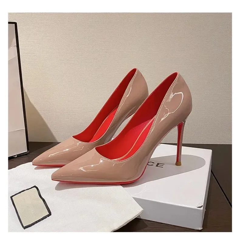 Women's Red heels Sexy pointy 7-9cm wedding dress shoes Nude black red rubber-soled heels