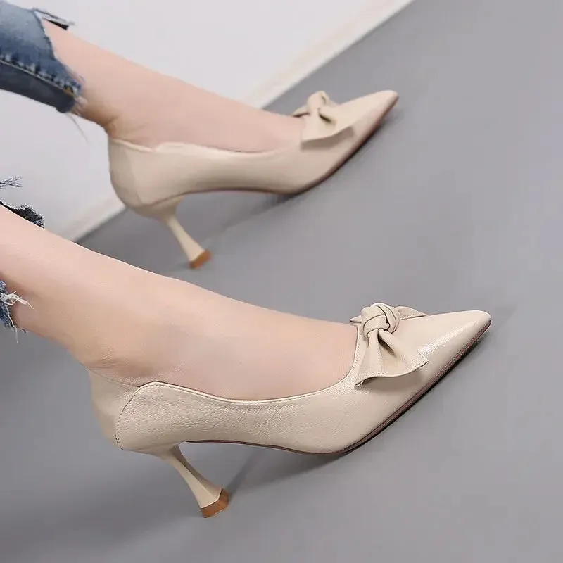 Women's Shoes Office High Heels Ladies Footwear Thin Pointed Toe Beige with Bow Normal Leather Casual on Promotion Trend Spring