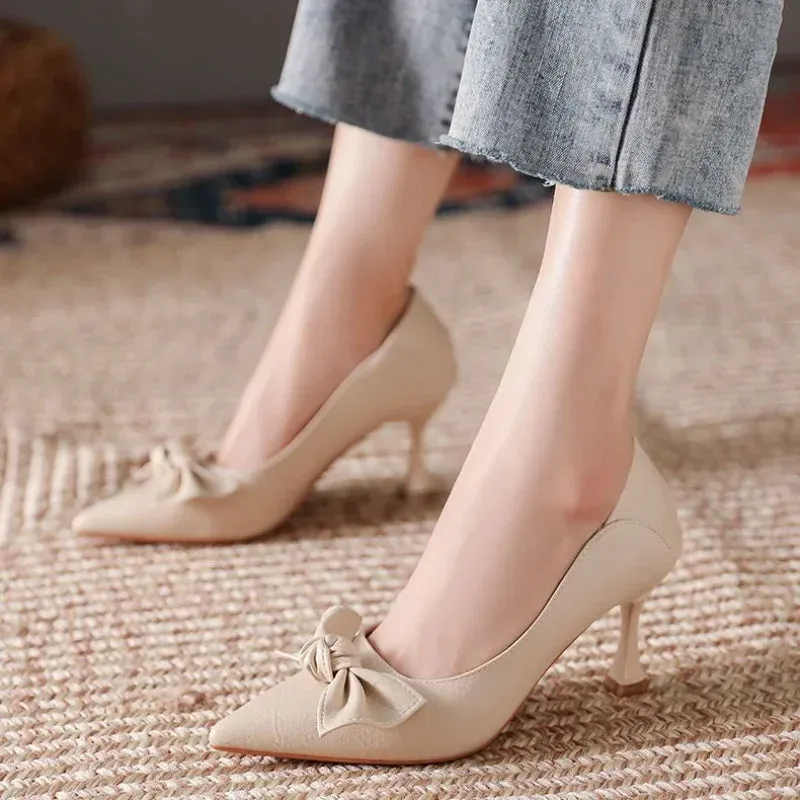 Women's Shoes Office High Heels Ladies Footwear Thin Pointed Toe Beige with Bow Normal Leather Casual on Promotion Trend Spring